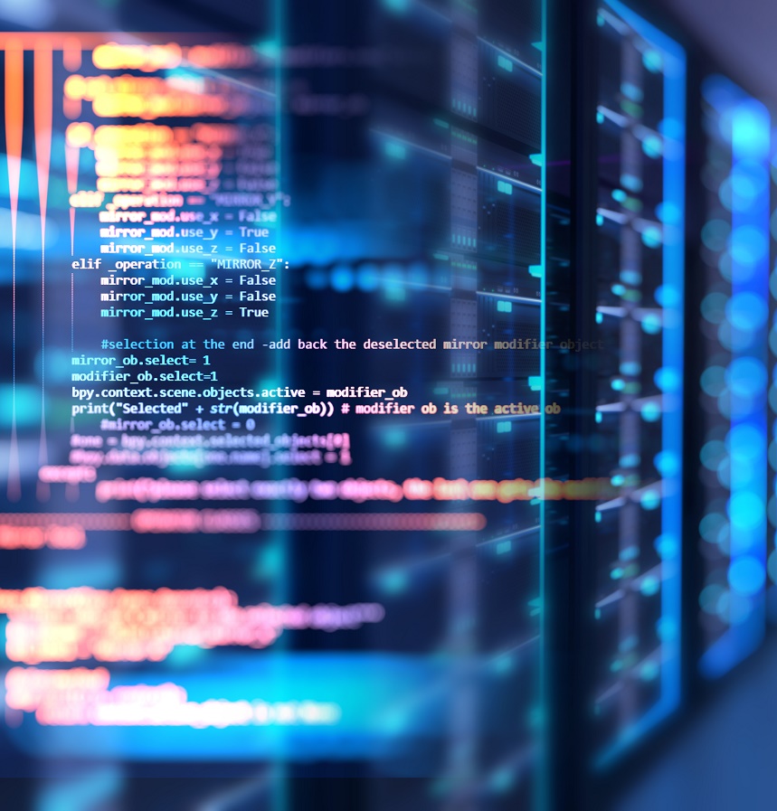 server room 3d illustration with node base programming data  design element.concept of big data storage and  cloud computing technology.